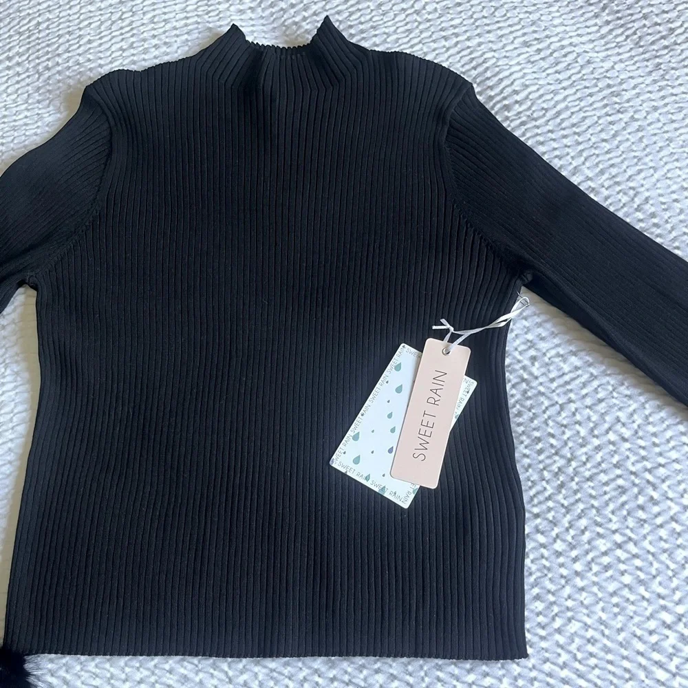 Sweet Rain Ribbed Faux Fur Long Sleeve Tee Women’s Black Size XL